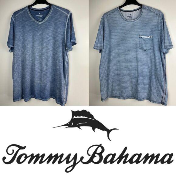 2 Tommy Bahama Faded Pocket Stripe & Suncoast Shores T-Shirts Blue Men's XXL - Picture 1 of 16